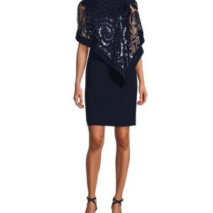 R&M Richards navy 3/4 dolman sleeve boat neck sequin swirl poncho dress! New